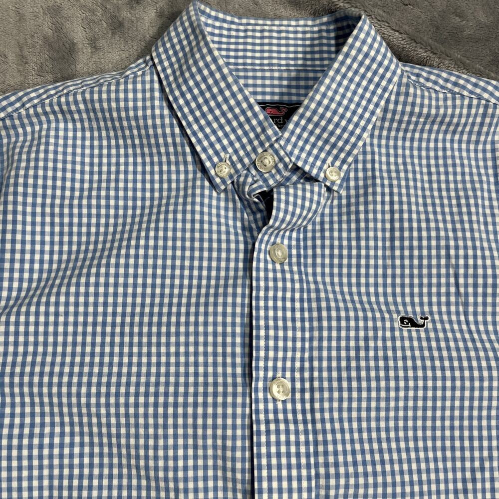 Vineyard Vines Boys Gingham Blue & White Whale Button Down Shirt Size Medium‎